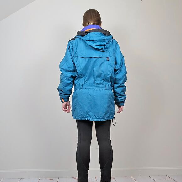 Vintage 80s 90s Ski Coat Winter Jacket Belted Teal Large - Picture 4 of 16